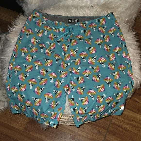 Hurley Teal Palm Print Men's Swim Trunks - Picture 1 of 3